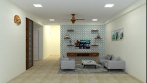 3D Rendering of living room with tv unit