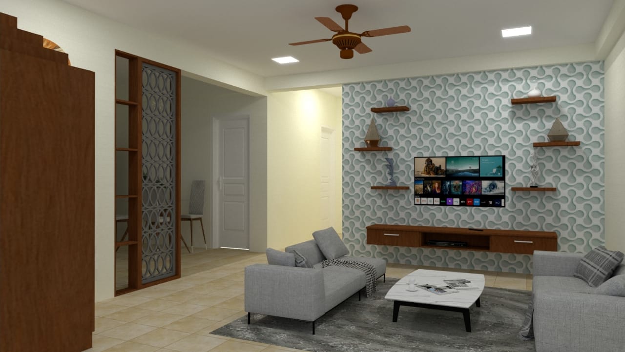 3D Rendering of living room with tv unit