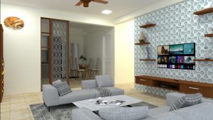 3D Rendering of living room with tv unit