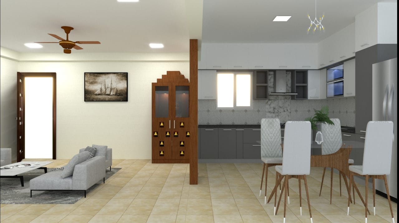 3D Rendering of l shaped kitchen room with mandir unit